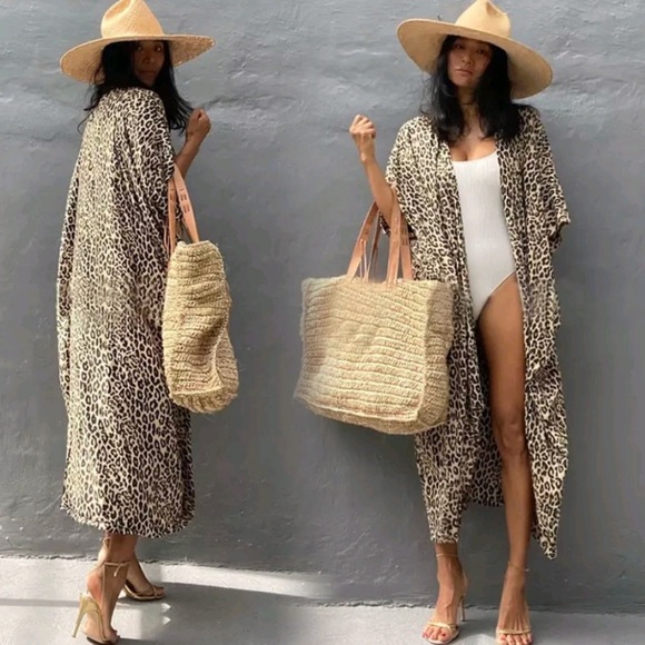 New Bohemian Leopard Kimono Duster Jacket Robe Swim Cover Up Wrap - Picture 3 of 17